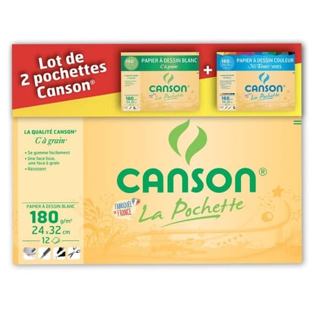 Canson lot de 2 pochettes c à grain + mi teintes vives 24x32cm