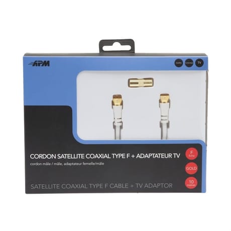 Apm cordon satellite fiche "f" male/male blanc 10m + adaptateur