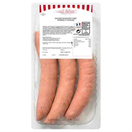 Saucisse bockwurst fumée fromage et poivrons x3 fe 340g charculor