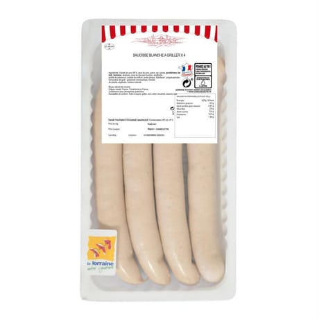Saucisse blanche à griller x4 fe 340g charculor