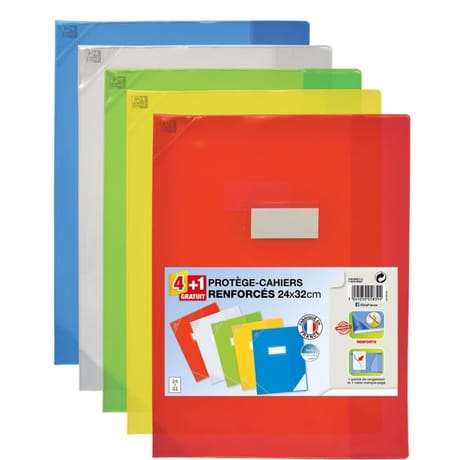 Oxford lot de 4 +1 protège cahier schoollife 24X32 pvc 15/100 rabat transparent assorti