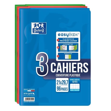 Oxford 3 cahiers easybook agrafes 21x29.7cm 96pages seyes assortis