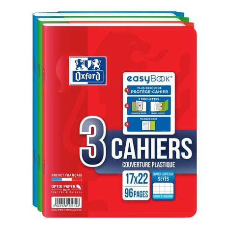 Oxford 3 cahier easybook agrafes 17x22 96p 90g seyes assorti