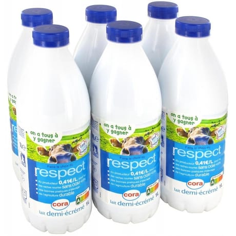Cora lait filière demi-écrémé bouteille 6x1l