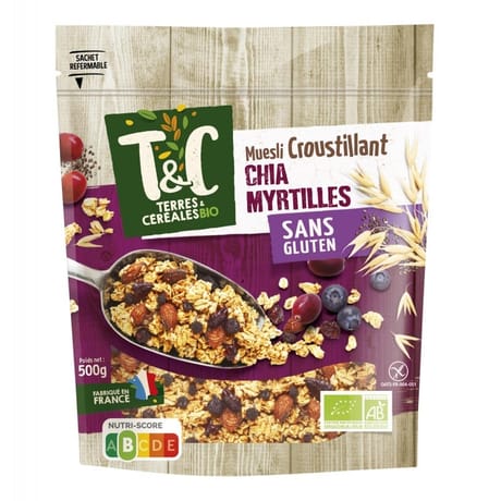 Terres et céréales muesli croustillant avoine myrtilles chia bio 500g