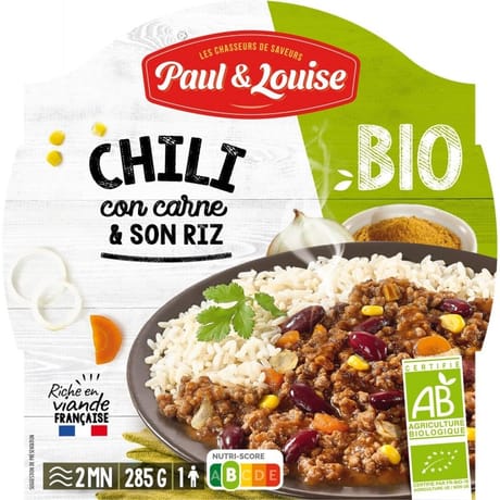Paul & louise chili con carne & son riz bio barquette bi-compart 285 g