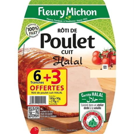 Fleury Michon Roti de poulet cuit - Halal 6 tranches + 3 tranches offertes 270g