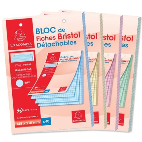 Bloc 40 fiches brisol perforées 148x210 5x5 couleurs assortis