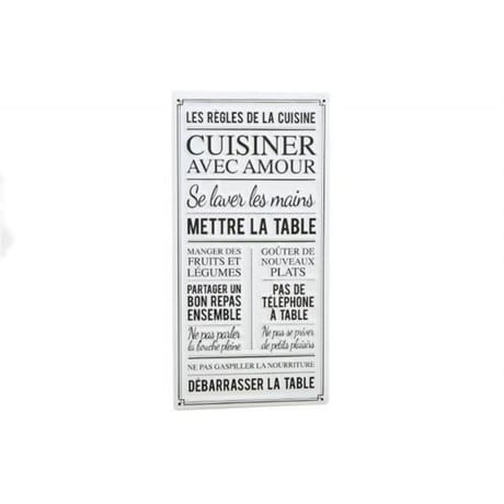 Plaque métal "règles de la cuisine "30x60cm