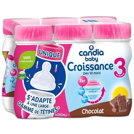 Candia baby lait croissance 3 saveur chocolat dès 10 mois 6x25cl