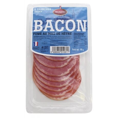Gourmets bacon fumé au bois de hêtre environ 8 tranches 80g