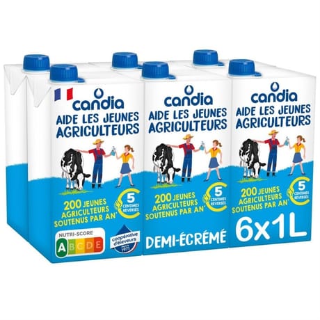 Candia jeunes agriculteurs lait 1/2 écrémé briqque 1 l x 6