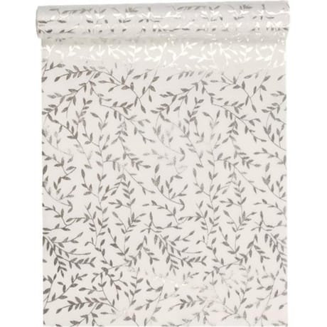 Chemin de table intisse 30x400cm blanc petites feuilles argent