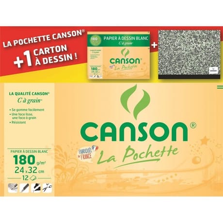 Canson lot 1 pochette dessin c a grain 12f 24x32cm 180g + 1 carton a dessin