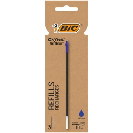 BIC Cristal Re New Recharges pour Stylo-Bille Pointe Moyenne (1,0 mm) - Bleu, Etui Carton de 3