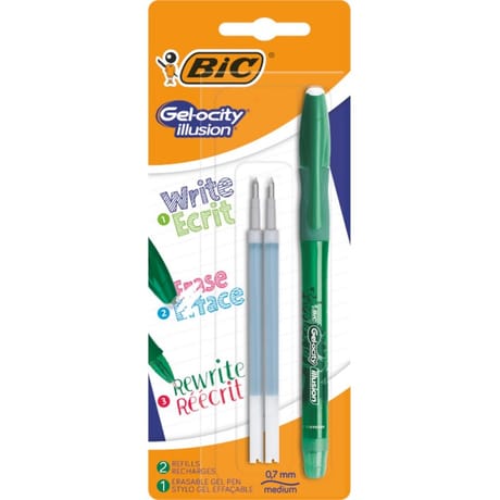 BIC Gel-ocity Illusion Stylos Gel Effaçables Pointe Moyenne (0,7 mm) - Vert, Blister de 1 + 2 Rechar