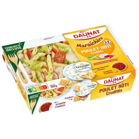 Daunat plateau salade maraichère poulet rôti crudités tartinade boursin et tartelette framboise 320g