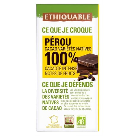 Ethiquable chocolat noir 100% Pérou bio 100g