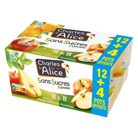 Charles & Alice sans sucre ajouté pomme pomme-poire 12x100g +4ofts