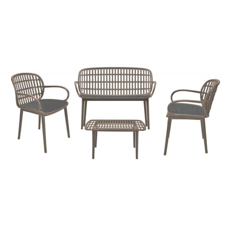Salon bas bambou taupe avec coussins (2 fauteuils + 1 canape + table)