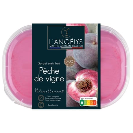 L'angelys bac sorbet plein fruit pêche de vigne 750ml 500g