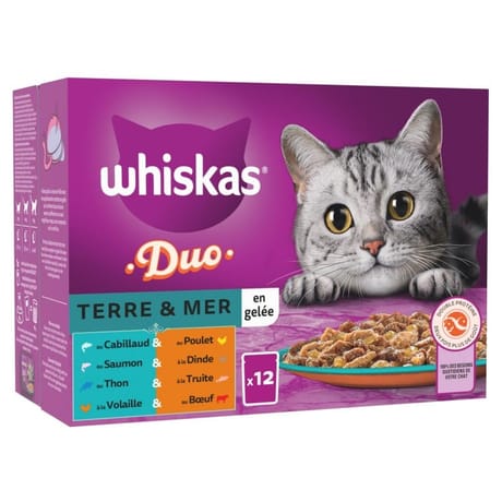 Whiskas pâtée pour chat sachets fraîcheur duo terre et mer en gelée 12x85g