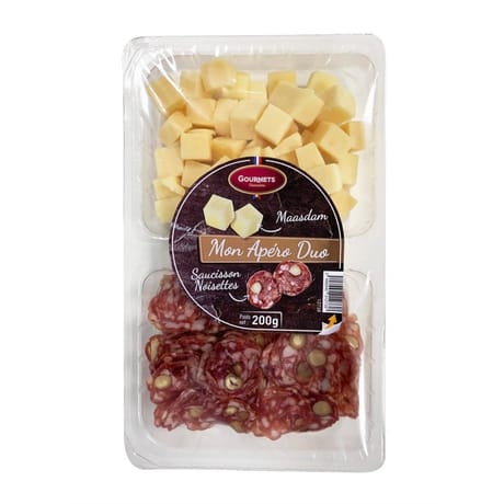 Gourmets de l'Artois duo apéro dés de maasdam, saucisson sec noisettes 200g