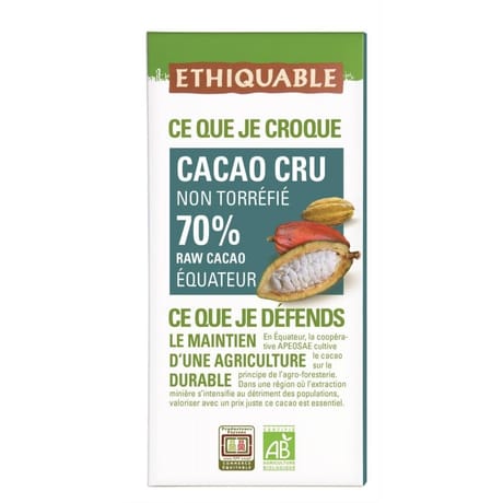Chocolat noir 70% cacao cru equateur bio 80g
