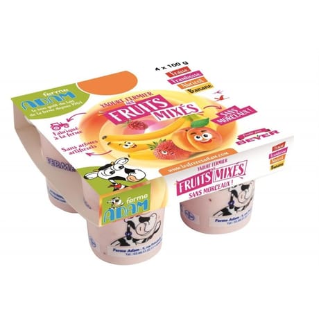 Ferme Adam Yaourts fermiers fruits mixés fraise-framboise-abricots-banane 4x100gr