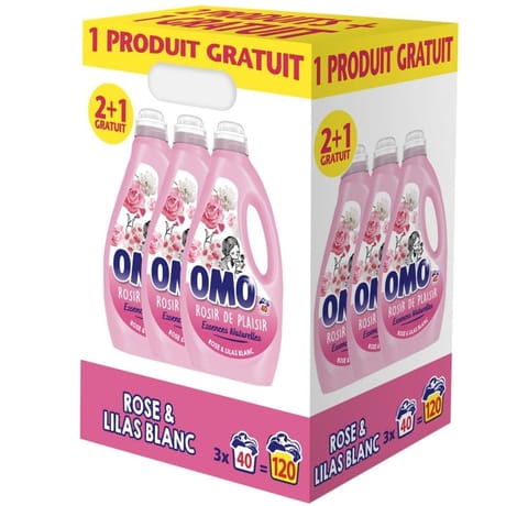 Omo lessive liquide rose & lilas blanc 3x40 lavages 2+1 gratuit 5.4l