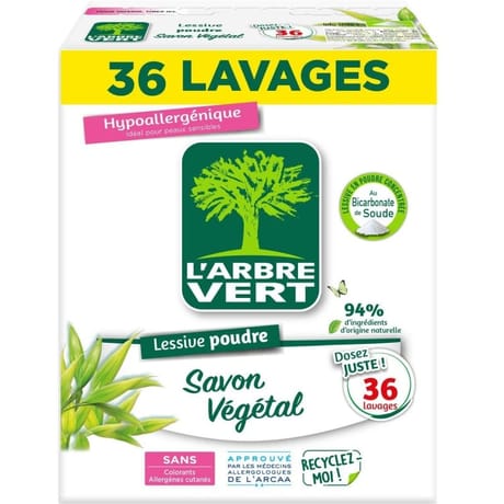 L'arbre vert lessive poudre savon végétal hypoallergénique 36 lavages 1.8kg