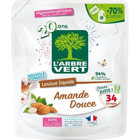 L'arbre vert recharge lessive amande douce hypoallergénique 34 lavages 1.5l