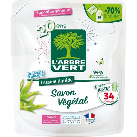 L'arbre vert recharge lessive savon végetal-hypoallergenique 34 lavages 1.53kg