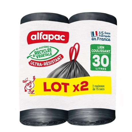 Alfapac lot de 2 sacs poubelle liens coulissants ultra-résistant 30lx15
