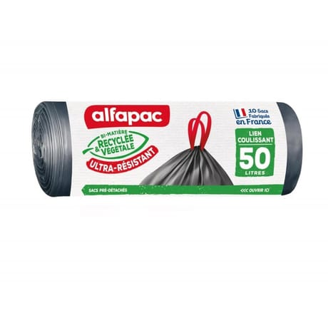 Alfapac sacs poubelle liens coulissants ultra-résistants 50lx10