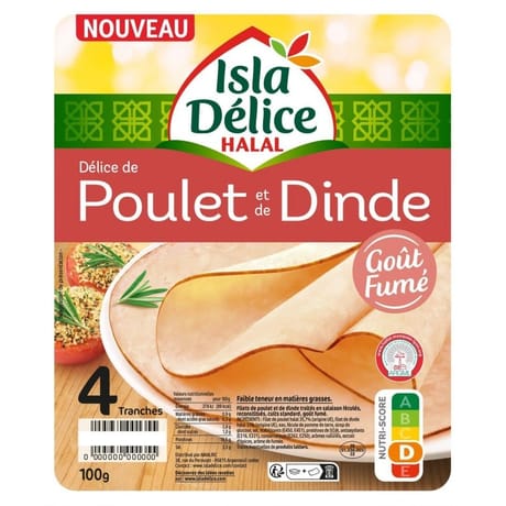 Isla délice halal délice de poulet et dinde gout fumé 4 tranches 100g