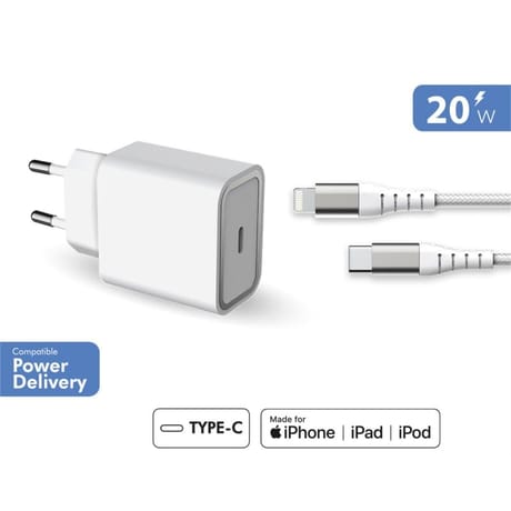 Force power lite chargeur secteur 20w power delivery+câble renforcé usb c/lightning FPLICS20WCBLCMFI