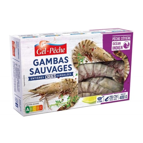 Gel Pêche gambas sauvages entières crues 20/24 pièces 400g