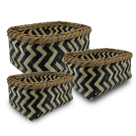 Panier de rangement en bambou tressé motif noir x3