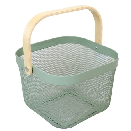 Panier carré grille métal vert nature avec anse bois 25 cm