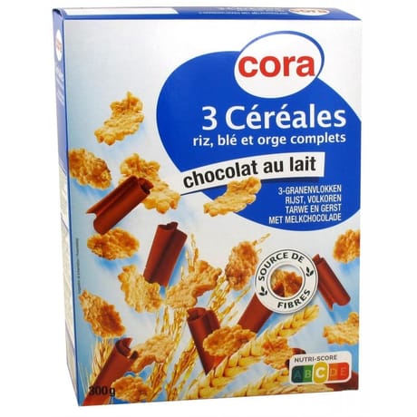 Cora 3 céréales riz, blé et orge complets chocolat au lait 300g