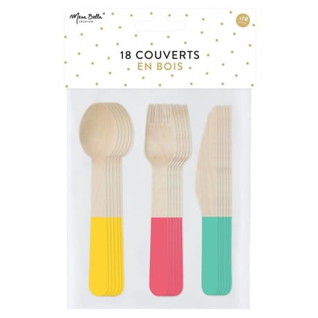 Menagere 18 couverts en bois rose / turquoise/ jaune