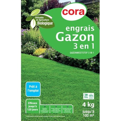 Engrais 3 en 1 gazon  solide 4kg cora