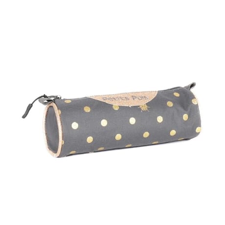 Trousse ronde petits pois gris/dore