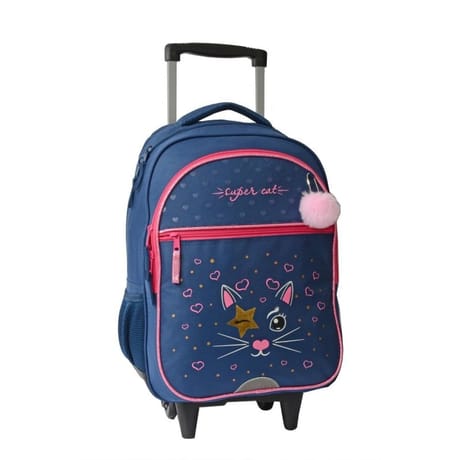 Sac à dos à roulettes chat bleu/rose