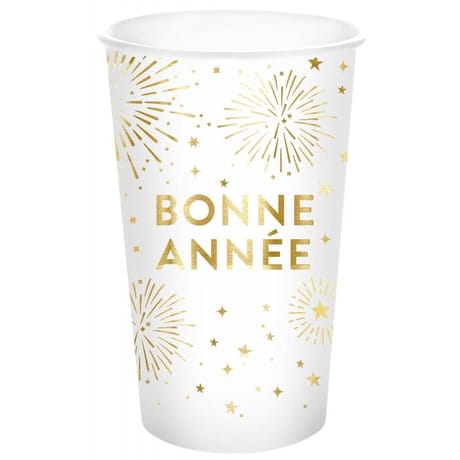 10 gobelets en carton 35cl blanc bonne année or brillant