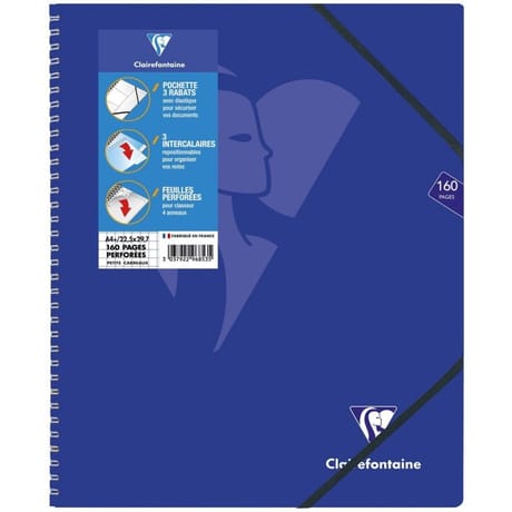 Clairefontaine cahier spirale 3 rabats + intercalaires 224x297 160 pages 5x5 mimesys