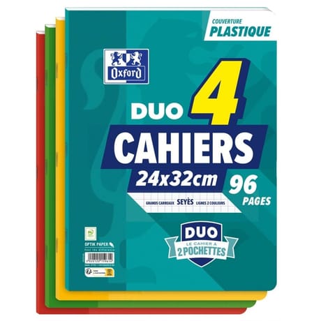 LOT DE 4 CAHIERS DUO OXFORD AGRAFES 240x320 96P OPTIK P. SEYES