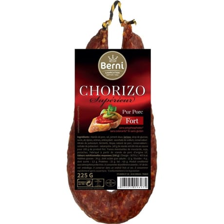 Berni chorizo pur porc fort sans gluten sans colorants sans polyphosphates 225g
