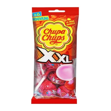 Chupa chups flowpack 6 sucettes xxl gout fraise coeur bubble coeur bubble gum 174 g